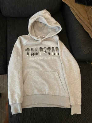Grå hoodie från Trapstar - Snygg grå hoodie från Trapstar med huva och stor magficka. Framsidan har ett broderat tryck i svart, vitt och grått med texten 'IT'S A SECRET'. Tillverkad i mjukt sweatshirtmaterial, perfekt för en avslappnad stil.
