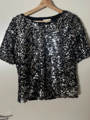 Svart paljettopp från H&M - Glittrig svart topp från H&M täckt med silvriga paljetter. Modellen har korta ärmar och rund halsringning. Perfekt för dig som vill sticka ut och addera extra bling till din outfit.