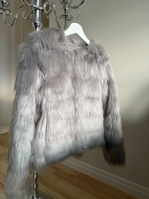 Ljusgrå fuskpälsjacka - Säljer en supermjuk ljusgrå fuskpälsjacka med huva. Jackan har lång lugg, raka ärmar och en fin passform. Perfekt för dig som vill ha en trendig och varm look under vintern. Stängs framtill🌸