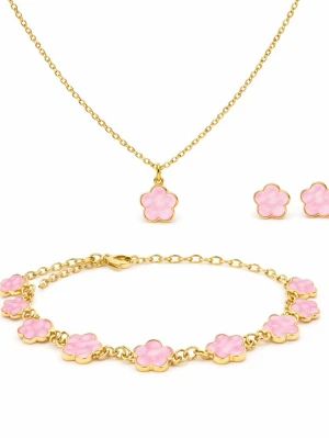 Smyckesset med rosa blommor - Snyggt smyckesset med halsband, armband, ring och örhängen i guldfärg med rosa blommor. Blommorna har en mjuk, glansig yta och ger en söt och trendig look. Perfekt för dig som gillar färgglada accessoarer och vill sticka ut lite extra. Fråga för fler bilder