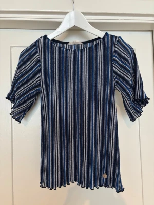 Randig blå topp - Snygg topp med blå, vita och svarta vertikala ränder. Modellen har korta volangärmar och lätt rynkad kant nedtill. Materialet är stretchigt. 