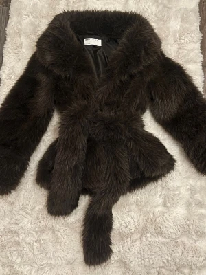 Mörkbrun pälsjacka - Jättefin slutsåld mörkbrun fuskpälsjacka med knytskärp i midjan. Köpt från asos och passar mig som S bra. Älskar verkligen denna men köpte en annan pälsjacka. Helt oanvänd utan bara testad. Storlek xs. Färgen ser ljus ut på bilden men är mörkbrun. Perfekt för kalla vinterdagar när du vill sticka ut.