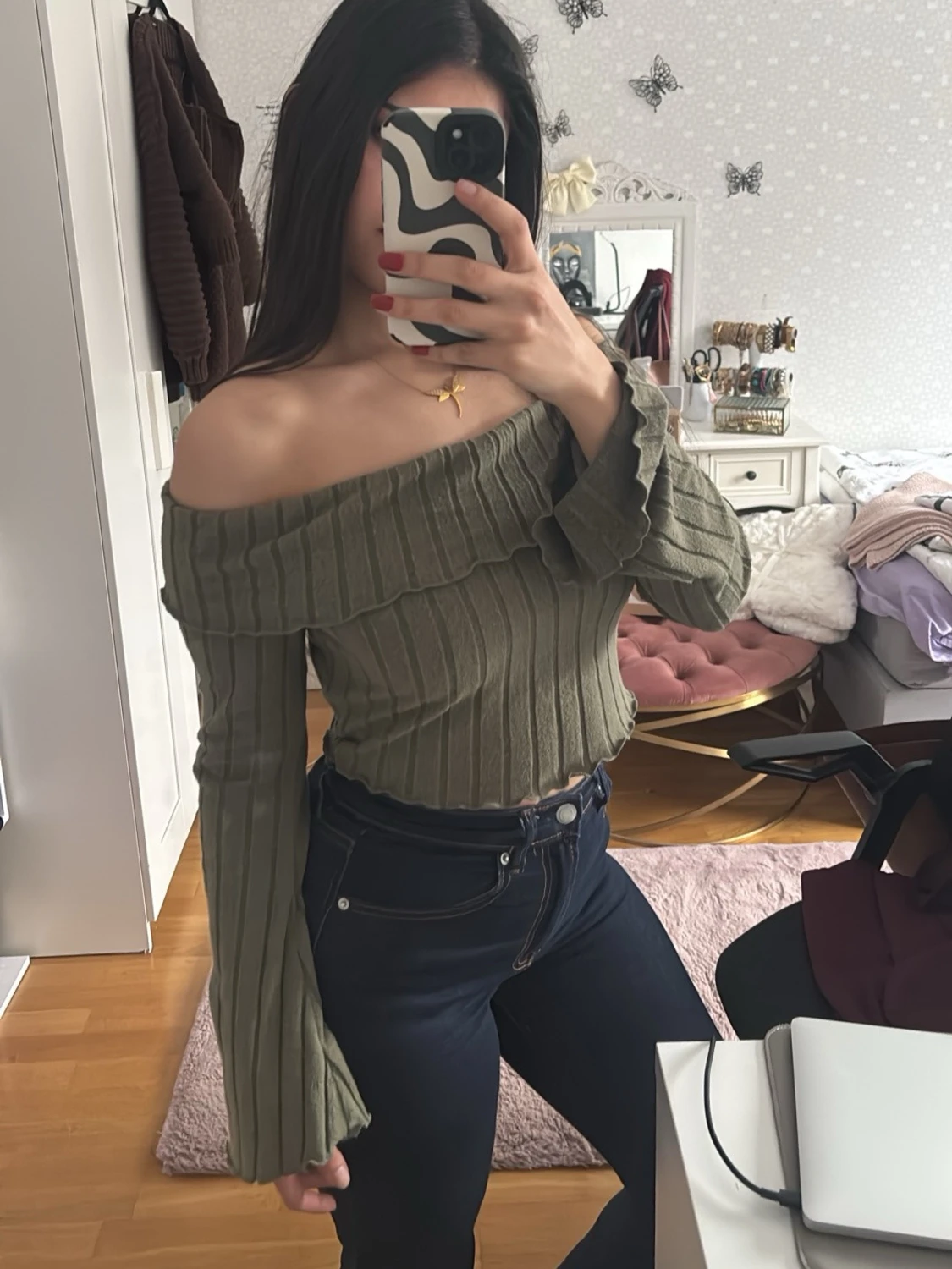 Olivgrön ribbad offshoulder topp - 3