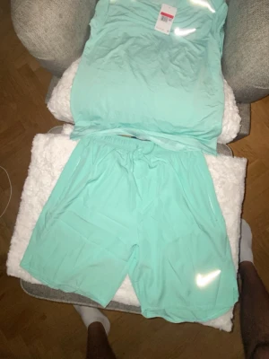 Mintgröna shorts från Nike - Säljer ett par mintgröna shorts från Nike med elastisk midja och snörning. Shortsen har en klassisk passform och är tillverkade i ett lätt och svalt syntetmaterial. Nike-loggan syns tydligt på ena benet. Perfekta för träning eller chill. Tracksuiten är rätt så litet i storlek så det passar både storlek M och S. Dem är helt nya har aldrig varit använda 