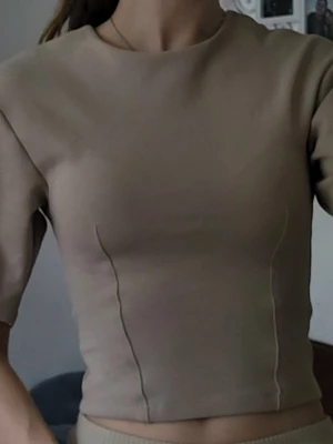 Beige croppad topp med sömdetaljer - Säljer en beige croppad topp med korta ärmar och markerade sömmar framtill. Toppen har en enkel, stilren design och sitter tight mot kroppen. Perfekt att matcha med höga jeans eller kjol för en clean look.