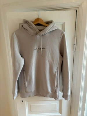 Hoddie HM - Snygg beige hoodie från HM med broderad text på bröstet. Hoodien har dragsko i huvan, känguruficka och mjukt material som känns skönt mot huden. Perfekt för en avslappnad och trendig stil.