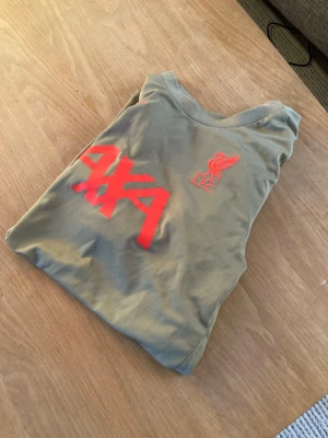 Grå Liverpool FC t-shirt - Snygg grå t-shirt från Liverpool FC med röd logga och tryck på bröstet. T-shirten har rund hals och är tillverkad i mjukt bomullsmaterial. Perfekt för dig som vill visa ditt stöd för laget på ett stilrent sätt.