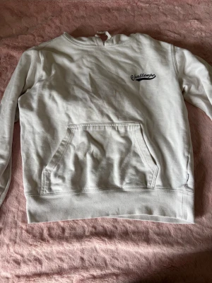 Vit sweatshirt med broderad text - Säljer en vit sweatshirt med broderad text 'Challenge' på bröstet. Tröjan har en klassisk känguruficka framtill och ribbade muddar vid ärmslut och nederkant. Perfekt för en avslappnad och stilren look.