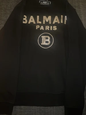 Svart hoodie från Balmain Paris - Snygg svart hoodie från Balmain Paris med stort silvrigt tryck på bröstet och klassisk rund hals. Hoodien har en avslappnad passform och är tillverkad i mjukt material som känns skönt mot huden. Perfekt för dig som gillar exklusiva streetwear-plagg.