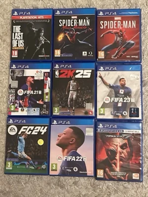 PS4 spel, pris kan diskuteras  - Säljer ett paket med 9 PlayStation 4-spel:                   The Last of Us Remastered,                                    Marvel's Spider-Man,                                                  Spider-Man Miles Morales, FIFA 21, NBA 2K25,        FIFA  23, EA Sports FC 24, FIFA 22 och Tekken 7. Alla spel kommer i sina original blå plastfodral med omslag. Perfekt för dig som gillar sport, action och fighting! Pris kan diskuteras