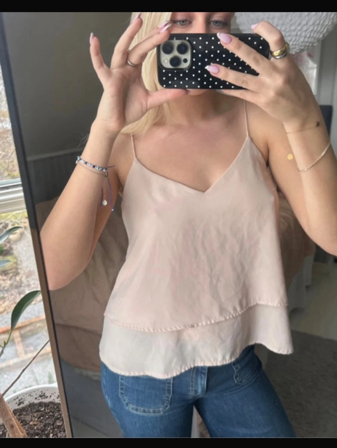 Ljusbeige linne med smala axelband - 1