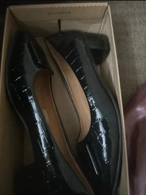 Svarta ballerinaskor i lack med spänne - Stilrena svarta ballerinaskor i glansigt lackmaterial med krokodilpräglad yta. Skorna har en låg, bred klack och en dekorativ spänndetalj framtill. Insidan är beige och skon har en klassisk, rundad form som ger en trendig look.