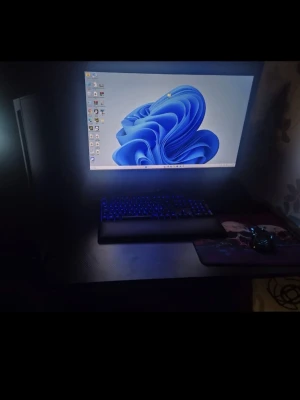 Stationär gamingdator med RGB-belysning - Säljer en svart stationär Windows-dator med stilren design och sidopanel i glas. Utrustad med RGB-belysning på insidan, mekaniskt tangentbord med blå bakgrundsbelysning och stor skärm. Perfekt för gaming och kreativa projekt.