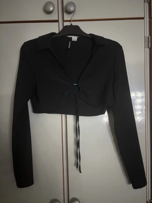 Svart croppad topp med snörning - Trendig svart croppad topp från Bershka med lång ärm och krage. Toppen har en snygg ringdetalj framtill med snörning och dragkedja i sidan för enkel påklädning. Perfekt för dig som gillar en edgy och modern stil.