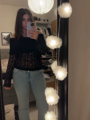 Svart off shoulder spetsblus - Säljer en svart off shoulder topp i genomskinlig spets med långa ärmar. Toppen har en snygg, figurnära passform och är perfekt för att skapa en trendig look. Materialet är lätt och stretchigt, vilket gör den bekväm att bära.