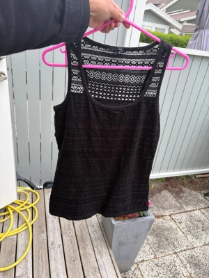 Svart spetslinne med mönstrad detalj - Snyggt svart linne med spets och mönstrade detaljer upptill. Linnet har breda axelband och rundad halsringning. Framsidan är dekorerad med spetsmönster medan baksidan är slät med spets upptill. Perfekt för en trendig och avslappnad look.storlek S. Stretch 