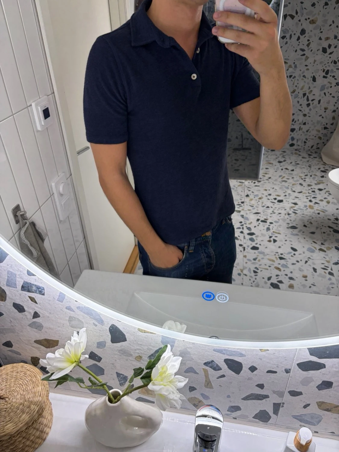 Mörkblå frotté pikétröja från Stenströms  - 1