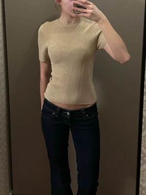 Glittrig guldig topp från Gina Tricot - Snygg guldig topp från Gina Tricot med glittrigt material. Modellen är figurnära med korta ärmar och rund halsringning. Perfekt för fest eller bara till vardagen.🩷