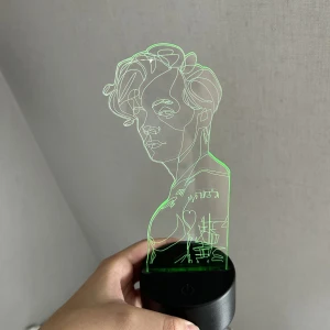 harry styles lampa - harry styles lampa, går att byta till massa olika färger. still, blinkande och lugnt övergående. kommer med en fjärrkontroll! går på batteri🥰