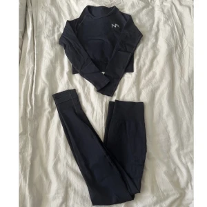 Träningsset - Svart ribbat träningsset med en crop top och ett par högmidjade träningstights. Toppen är i storlek XS och tightsen är i storlek S.   250kr inklusive spårbar frakt med Postnord. Betalning sker endast via Swish. 
