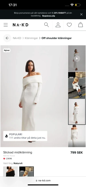 Vit off shoulderklänning - En vit stickad off-shoulderklänning från nakd som är perfekt nu till hösten! Säljer för att den inte har kommit till användning❤️