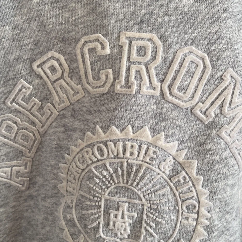 Grå sweatshirttopp från Abercrombie & Fitch. Trycket/broderingen på framsidan är lite missfärgad (se bild 2) så den är äldre, därav det billiga priset💕✨. Toppar.