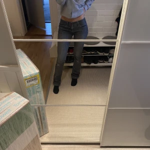 Gråa lowwaist jeans - Super snygga gråa lowwaisted jeans med fin detalj på fickorna och röd knapp. Säljer för dom börjar bli lite för små