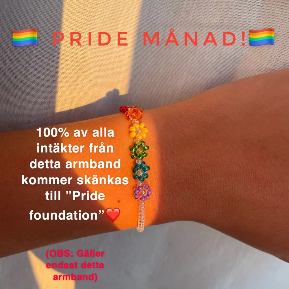 100% av intäkterna skänks till Pride foundation. En organisation som kämpar för ett tryggare samhälle för LGBTQ+ personer.🏳️‍🌈❤️ Vill du inte köpa detta armband rekommenderar jag att skänka pengar på egen hand❤️. Accessoarer.