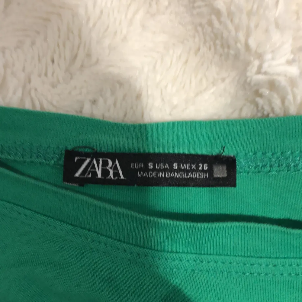 En jättefin grön tröja med volanger från Zara, Tröjan är slutsåld. Har nästan aldrig använts. Tröjan har inga hål eller fläckar💓. T-shirts.