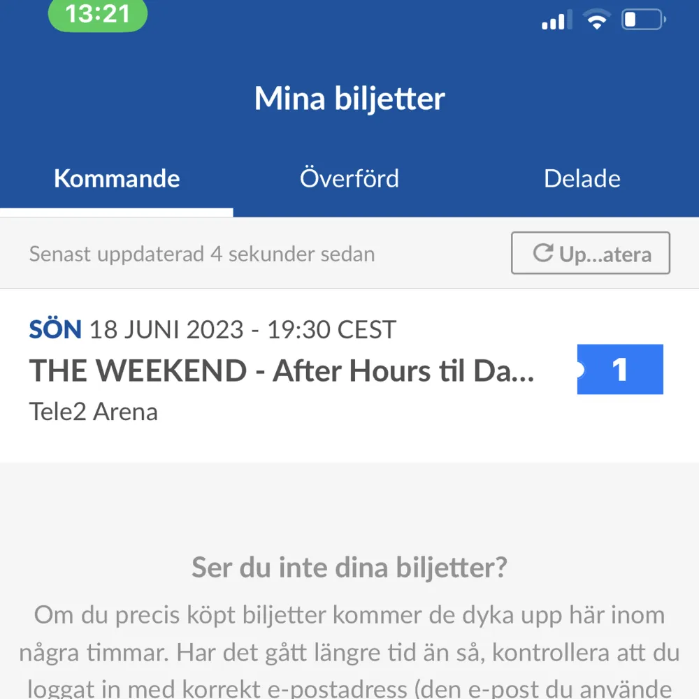 Säljer min the weeknd biljett då jag fått förhinder och måste darför sälja den, ståplats höger sida den 18 juni. Nypris 1200kr och säljer den just nu för 1400kr. Först till kvarn.. Övrigt.