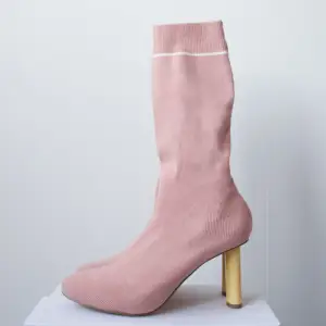 • BUBBLEGUM PINK SOCK BOOTS WITH YELLOW HEEL AND WHITE STRIPE DETAIL  • SIZE - EU 37 / US 7 / UK 5