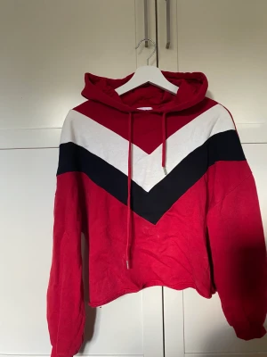 Röd hoodie - Coolt hoodie! Använd med några fläckar. Saknas även en metallring för snöret (se bild).
