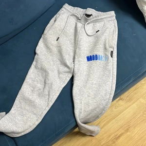 Grå mjukisbyxor från Hoodrich - Säljer ett par grå mjukisbyxor från Hoodrich med snörning i midjan och en cool blå logga på sidan. Perfekta för en avslappnad stil. Byxorna har en bekväm passform och är gjorda i mjukt material.