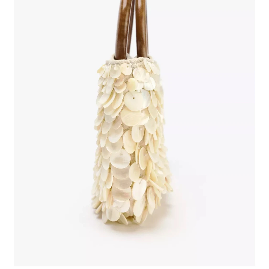 Vit handväska med paljetter och trähandtag - 3