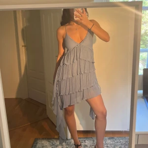 Ljusblå omlottklänning med volanger - Min absoluta favvo klänning som tyvärr aldrig kommer till användning🥹ljusblå kortklänning med tunna axelband och djup v-ringning. Klänningen har omlott-design och flera lager volanger som ger en flowy och lekfull känsla. Materialet är lätt och skönt, perfekt för varma dagar. Asymmetrisk nederkant för extra edge. SLUTSÅLD!!!🔥🔥