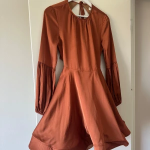 Rostbrun kortklänning med öppen rygg från By Malina - Superfin rostbrun kortklänning med långärmade puffärmar och snygg öppen rygg med knytband. Klänningen har en lätt glansig yta och ett flowy fall. Klänning är ifrån By Malina, säljes på grund av att den var lite för stor. Köpt i andra hand, tidigare ägare har inte heller använt klänningen.