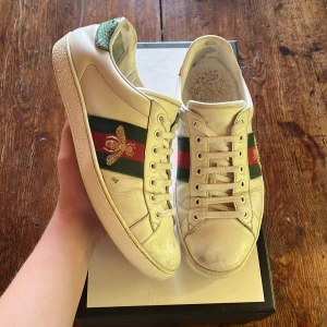 Gucci Ace Bee - Tja! Säljer nu dessa riktigt feta Gucci Ace Bee skor! De är lite slitna, men annars väldigt bra skick och kritvita. Jag skulle säga att skicket är 7/10 just eftersom det är bara några få repor i lädret men annars jättebra skick. Storlek: 7,5 US, eller ca 40 - 41 EU👟. Nypris: 5000kr❌‼️ Mitt pris: 2399✅Allt OG följer med, och kvitto finns! Tveka inte att kontakta mig om du har frågor!🤝