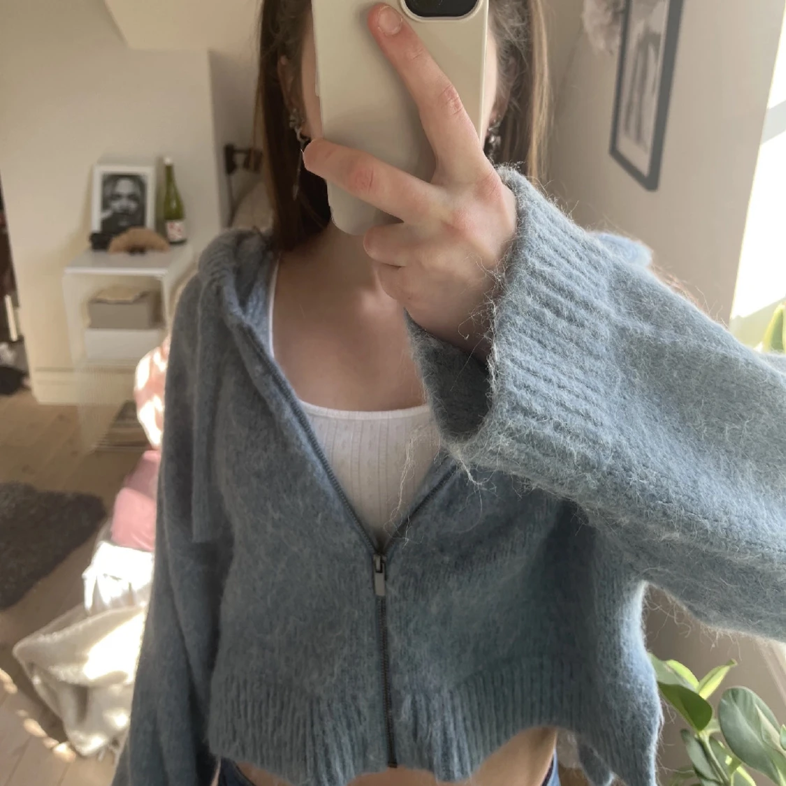 Blå stickad hoodie från Zara