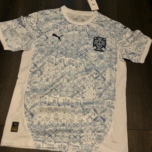 Vit och ljusblå fotbollströja från Puma - Säljer en snygg fotbollströja från Puma i vitt med ljusblått mönster över hela framsidan och baksidan. Tröjan har korta ärmar, rund hals och klubbmärke på bröstet. Tillverkad i lätt och ventilerande material.