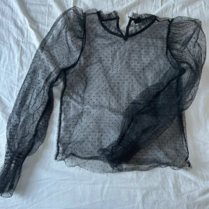 Svart transparent blus med puffärmar - Säljer en svart transparent blus i mesh med små prickar och långa puffärmar. Blusen har v-ringning och knäppning bak i nacken. Ej använd 