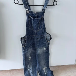 Blå denim hängselbyxor från Divided - Säljer ett par blå denim hängselbyxor från Divided med klassiska fickor fram och bak samt justerbara axelband. Byxorna har slitna detaljer och en ledig passform, perfekta för en avslappnad stil.