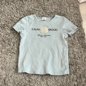 Ljusblå ribbad t-shirt från ZARA - Supersöt ljusblå ribbad t-shirt från ZARA med texten 'CALM MOOD' och pärldetaljer framtill. Kortärmad och i mjuk bomull, perfekt för en chill look. Rund halsringning och normal passform.