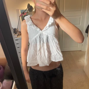 Vit volangtop från Gina Tricot - Supersöt vit linnetopp från Gina Tricot med volangdetaljer längs axelbanden och v-ringning. Toppen är luftig och har knytband i ryggen. Perfekt för varma dagar och ger en romantisk vibe till din outfit.