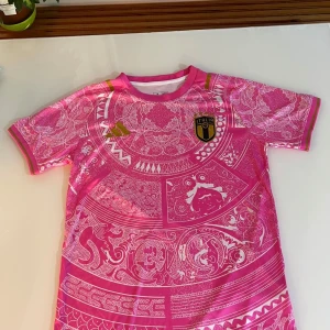 Italien Adidas rosa fotbollströja M - Säljer en riktigt snygg rosa fotbollströja från Adidas i storlek M, med coola vita mönster och guldiga detaljer. Tröjan har korta ärmar, slim fit och ett broderat Italienskt klubbmärke på bröstet. Perfekt för dig som vill sticka ut på planen eller läktaren.
