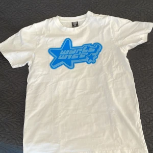 Vit t-shirt med blått tryck från FSBN - Säljer en vit t-shirt från FSBN med ett stort blått tryck på framsidan. T-shirten har en normal passform och är kortärmad, perfekt för en avslappnad stil. Tillverkad i bomull för en skön känsla. 