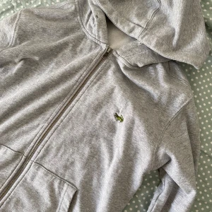 Grå hoodie med dragkedja från Lacoste - Säljer en klassisk grå hoodie från Lacoste med dragkedja framtill och huva. Tröjan har fickor på magen och den ikoniska krokodilloggan broderad på bröstet. Perfekt för en avslappnad stil. Köpt för 800 spänn 