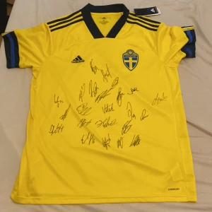 Svensk landslagströja från Adidas - Gul kortärmad fotbollströja från Adidas med blå detaljer och Sveriges landslagsemblem på bröstet. Tröjan har svarta Adidas-ränder på axlarna och är signerad av flera spelare. Materialet är lätt och andas, perfekt för match eller träning. Kan också hängas i en tavla.( Fått den personligt av Robin Quison ). PRIS KAN DISKUTERAS 