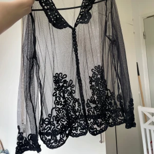 Svart transparent blus med broderi - Supersnygg svart transparent blus med långa ärmar och v-ringning. Blusen har broderade detaljer längs krage, ärmslut och nederkant som ger en unik look. Perfekt att styla lager på lager för en cool outfit.