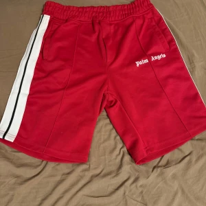 Röda shorts från Palm Angels med vita ränder - Säljer ett par röda shorts från Palm Angels med vita och svarta ränder längs sidorna. Shortsen har elastisk midja och sidofickor, samt Palm Angels-logga tryckt på framsidan. Perfekta för en sportig stil.
