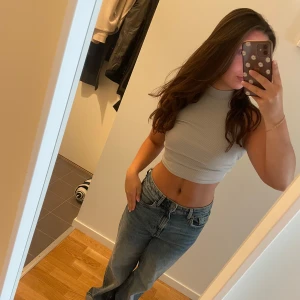 Ljusgrå croppad ribbad linnetopp - Säljer en ljusgrå croppad linnetopp med hög hals och ärmlös design. Toppen är ribbad och sitter tight, perfekt till jeans eller kjol. Enkel och stilren look som passar till många outfits.